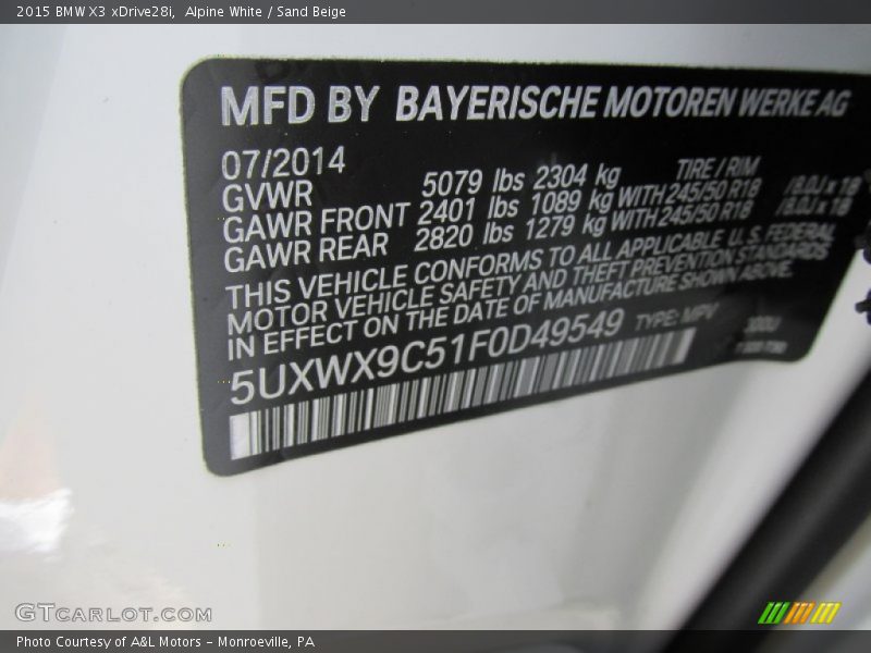 Alpine White / Sand Beige 2015 BMW X3 xDrive28i