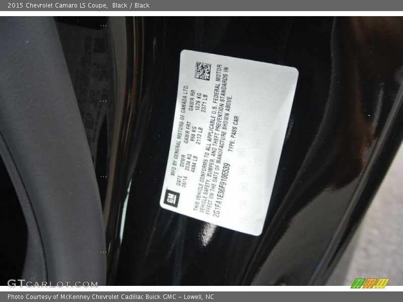 Info Tag of 2015 Camaro LS Coupe