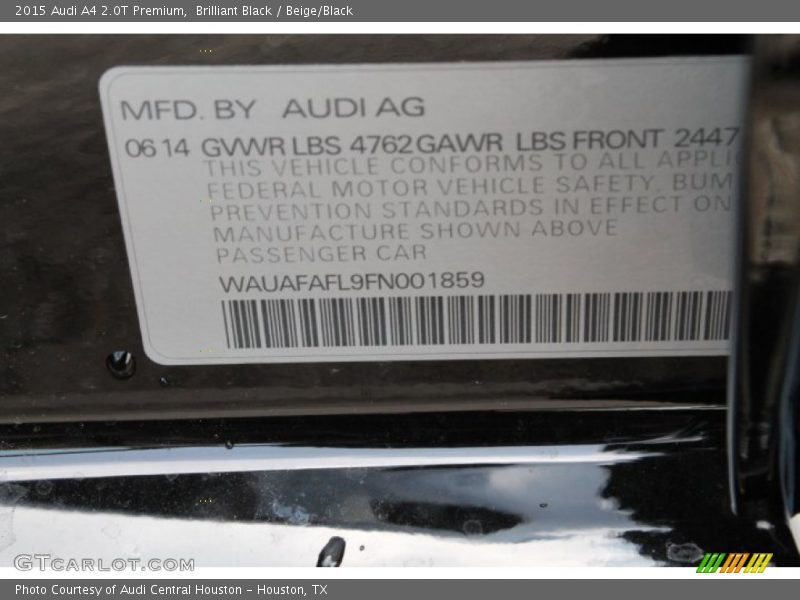 Brilliant Black / Beige/Black 2015 Audi A4 2.0T Premium