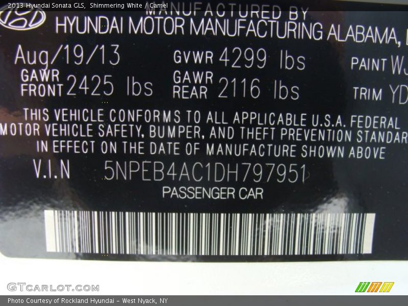 Shimmering White / Camel 2013 Hyundai Sonata GLS