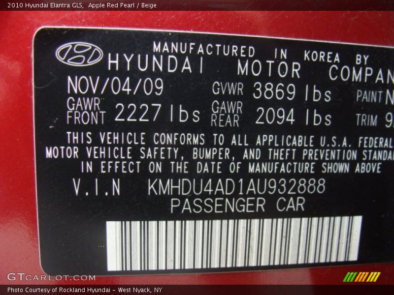 Apple Red Pearl / Beige 2010 Hyundai Elantra GLS