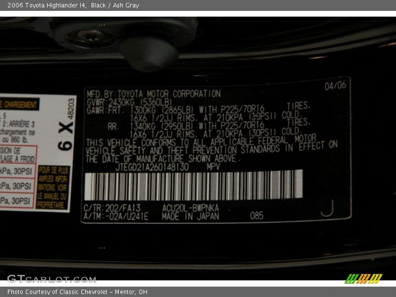 2006 Highlander I4 Black Color Code 202