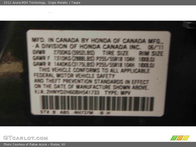 Grigio Metallic / Taupe 2011 Acura MDX Technology