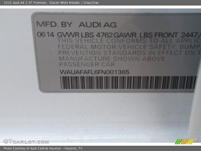 Glacier White Metallic / Gray/Gray 2015 Audi A4 2.0T Premium