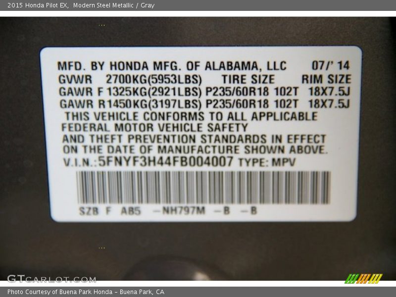 Modern Steel Metallic / Gray 2015 Honda Pilot EX