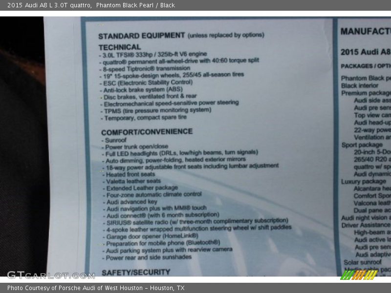  2015 A8 L 3.0T quattro Window Sticker
