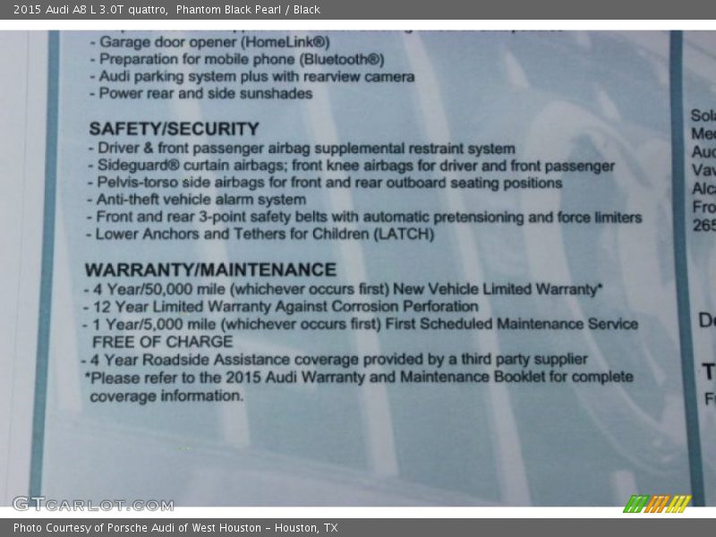  2015 A8 L 3.0T quattro Window Sticker