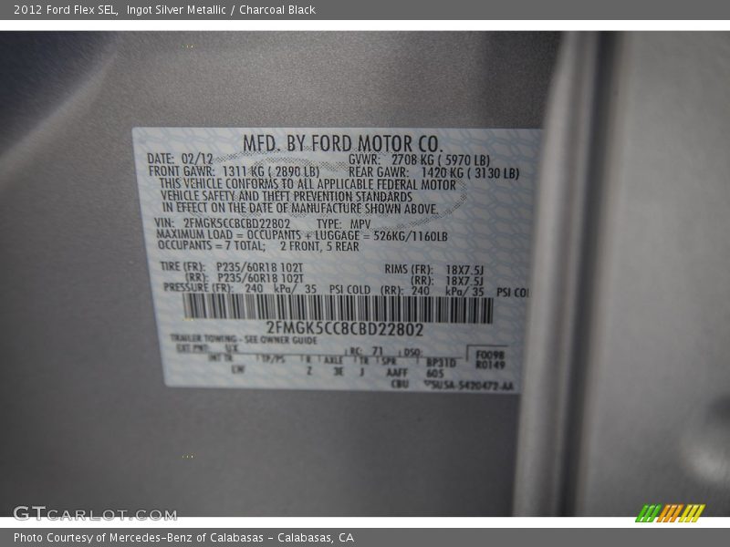 Ingot Silver Metallic / Charcoal Black 2012 Ford Flex SEL