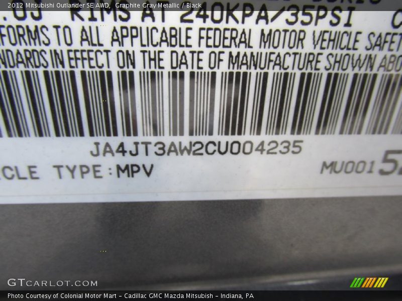Graphite Gray Metallic / Black 2012 Mitsubishi Outlander SE AWD