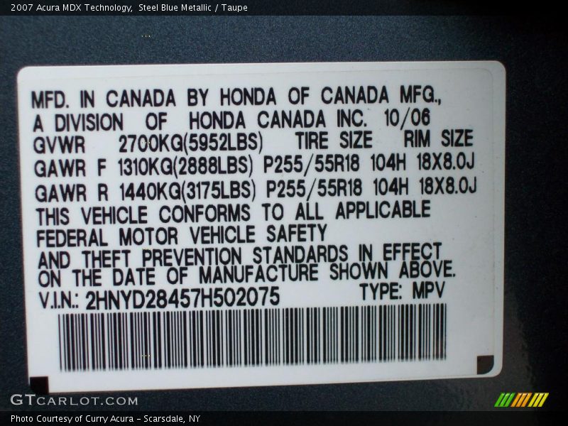 Steel Blue Metallic / Taupe 2007 Acura MDX Technology