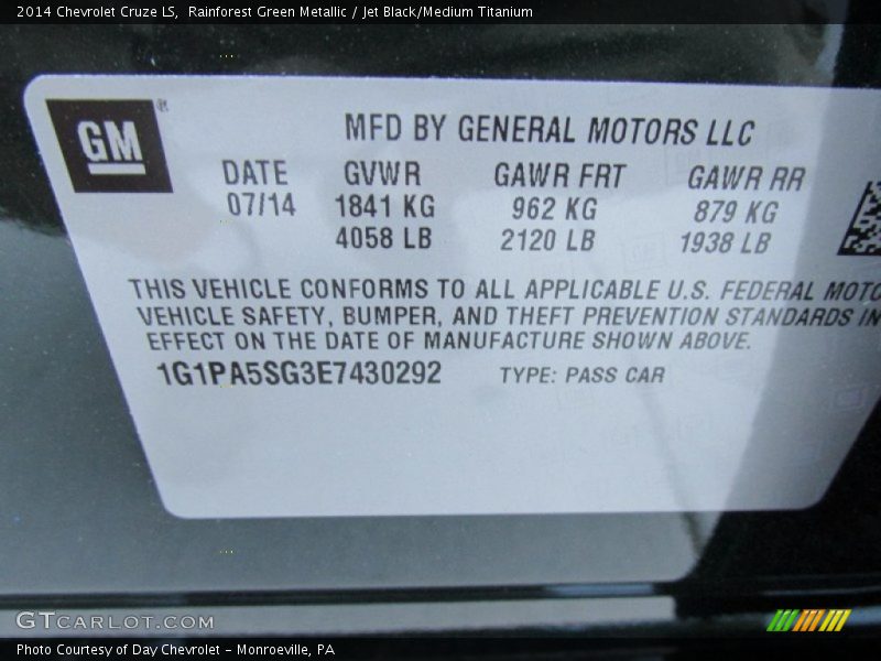 Rainforest Green Metallic / Jet Black/Medium Titanium 2014 Chevrolet Cruze LS
