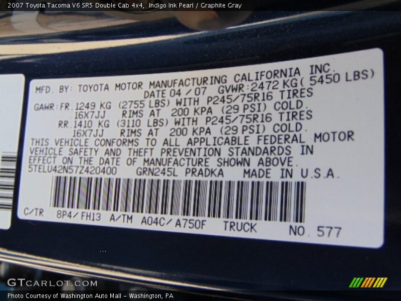 Indigo Ink Pearl / Graphite Gray 2007 Toyota Tacoma V6 SR5 Double Cab 4x4