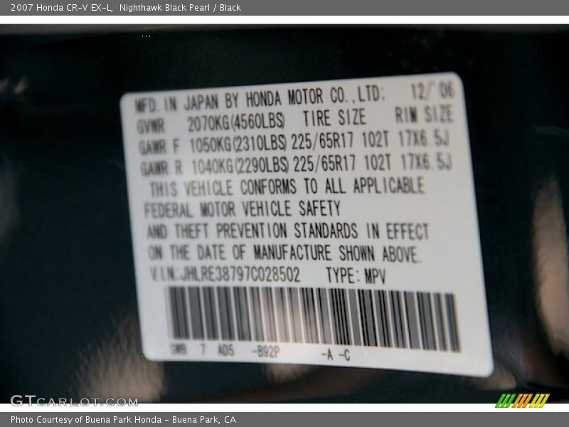 Nighthawk Black Pearl / Black 2007 Honda CR-V EX-L