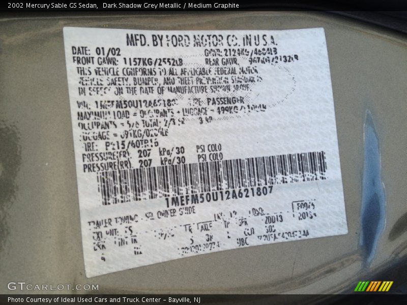 Dark Shadow Grey Metallic / Medium Graphite 2002 Mercury Sable GS Sedan