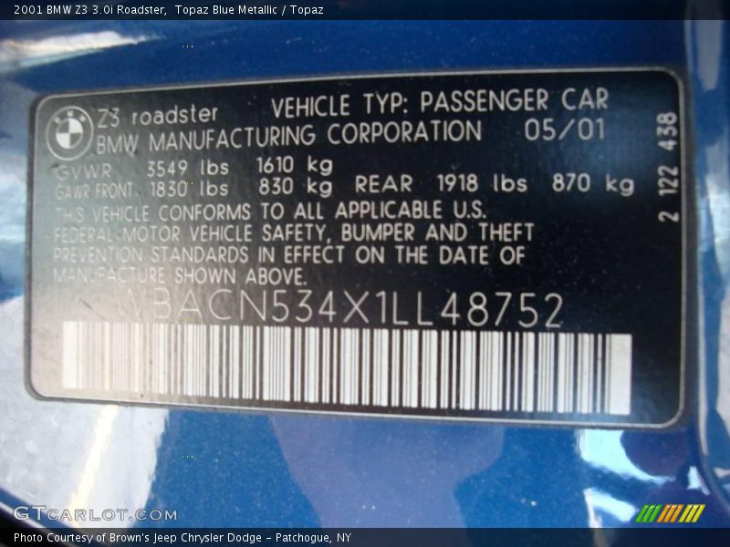 Info Tag of 2001 Z3 3.0i Roadster