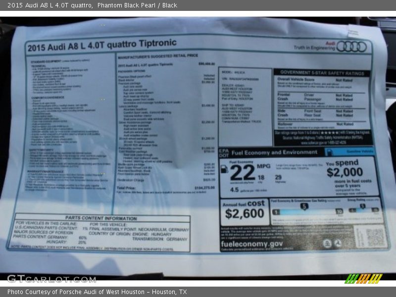  2015 A8 L 4.0T quattro Window Sticker
