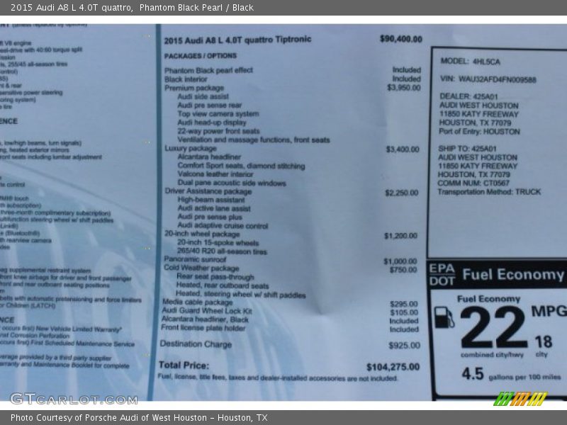  2015 A8 L 4.0T quattro Window Sticker