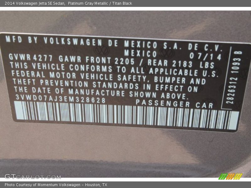 Platinum Gray Metallic / Titan Black 2014 Volkswagen Jetta SE Sedan