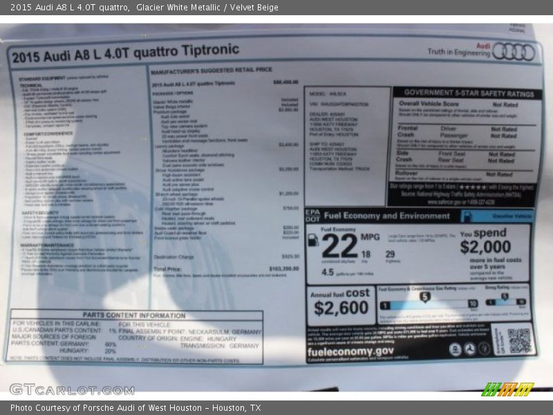  2015 A8 L 4.0T quattro Window Sticker