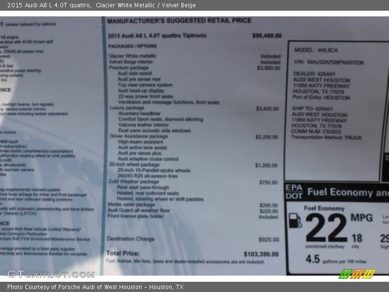  2015 A8 L 4.0T quattro Window Sticker