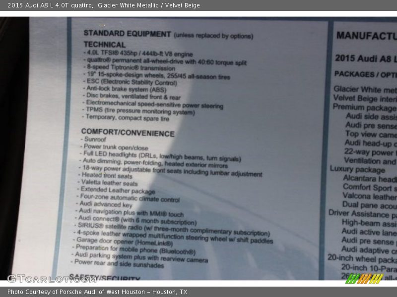  2015 A8 L 4.0T quattro Window Sticker