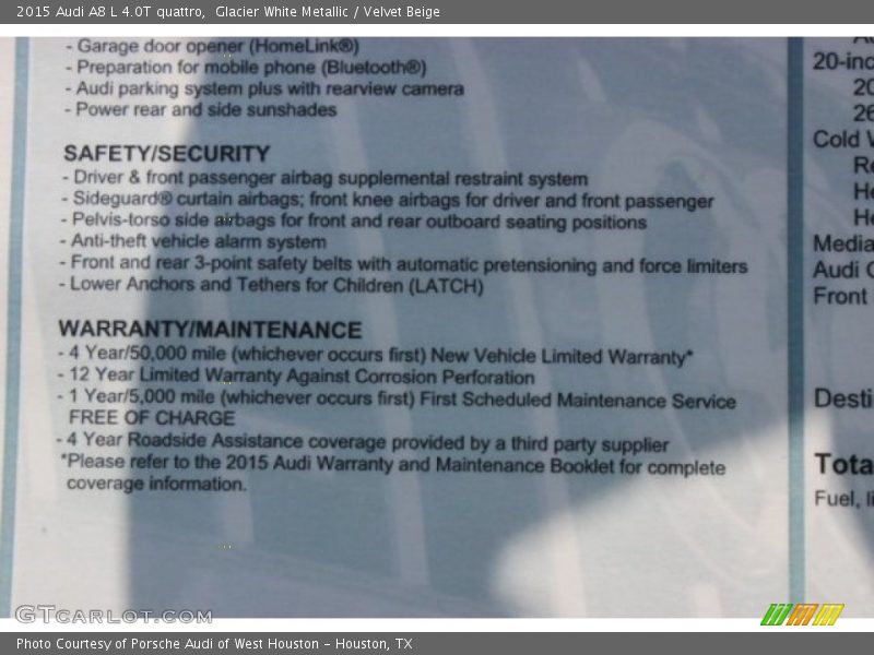  2015 A8 L 4.0T quattro Window Sticker