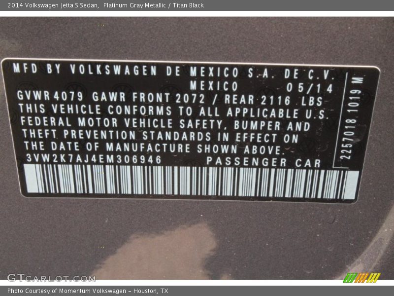 Platinum Gray Metallic / Titan Black 2014 Volkswagen Jetta S Sedan