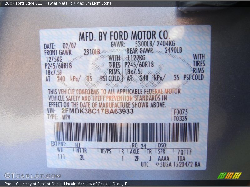 Pewter Metallic / Medium Light Stone 2007 Ford Edge SEL