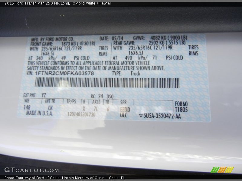 2015 Transit Van 250 MR Long Oxford White Color Code YZ