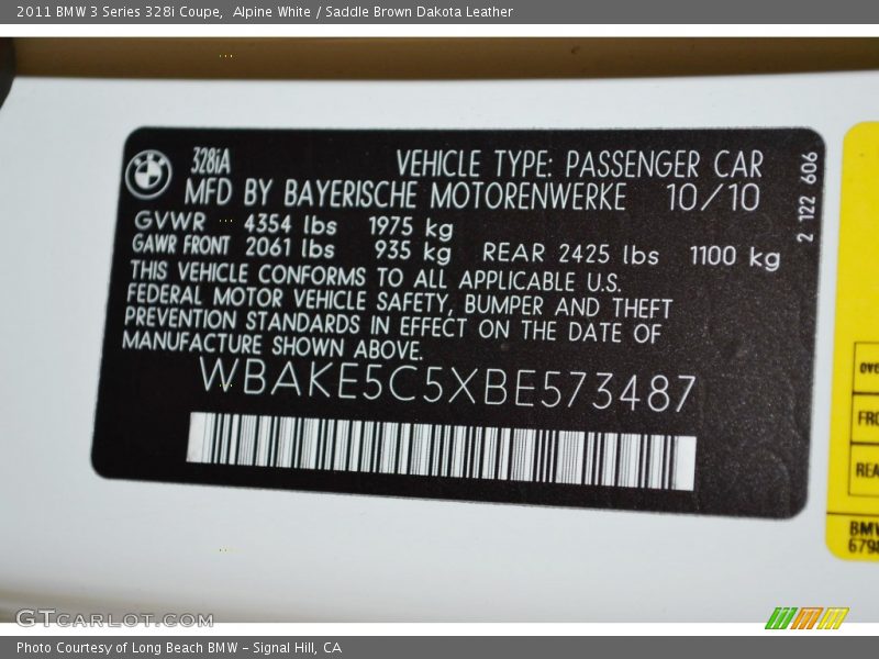 Alpine White / Saddle Brown Dakota Leather 2011 BMW 3 Series 328i Coupe