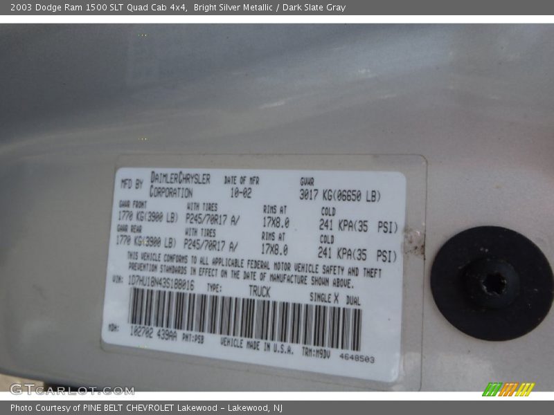 Bright Silver Metallic / Dark Slate Gray 2003 Dodge Ram 1500 SLT Quad Cab 4x4