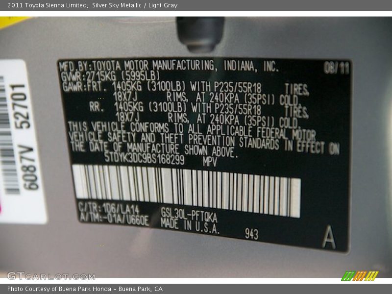 Silver Sky Metallic / Light Gray 2011 Toyota Sienna Limited