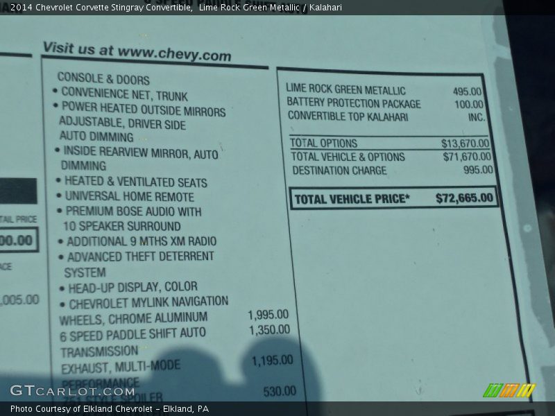  2014 Corvette Stingray Convertible Window Sticker