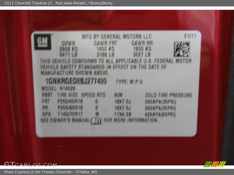 Red Jewel Metallic / Ebony/Ebony 2011 Chevrolet Traverse LT