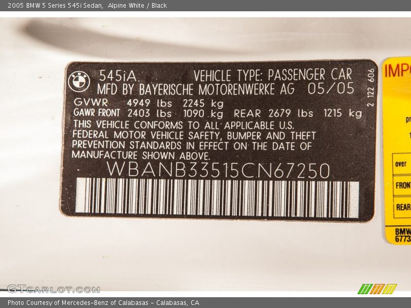 Alpine White / Black 2005 BMW 5 Series 545i Sedan