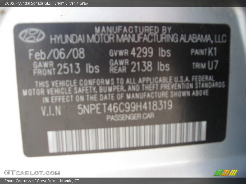 Bright Silver / Gray 2009 Hyundai Sonata GLS