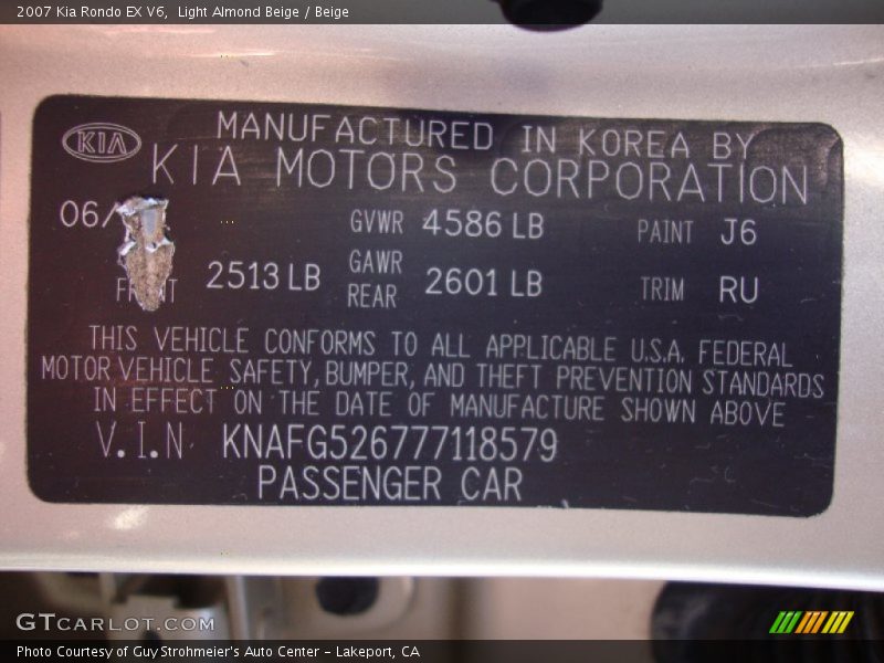 Light Almond Beige / Beige 2007 Kia Rondo EX V6