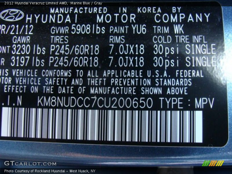 Marine Blue / Gray 2012 Hyundai Veracruz Limited AWD