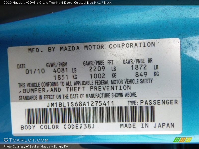 2010 MAZDA3 s Grand Touring 4 Door Celestial Blue Mica Color Code 38J