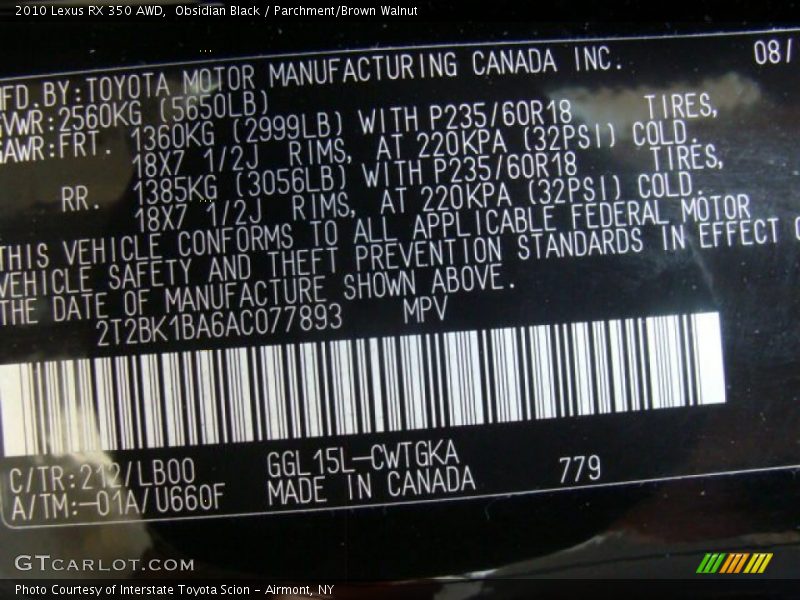 Obsidian Black / Parchment/Brown Walnut 2010 Lexus RX 350 AWD