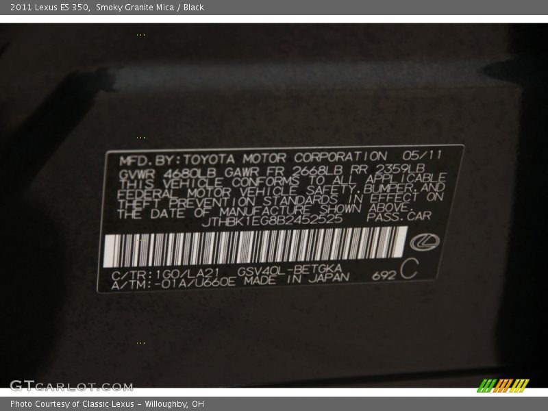 Smoky Granite Mica / Black 2011 Lexus ES 350