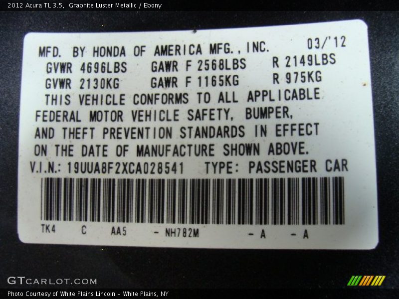 Graphite Luster Metallic / Ebony 2012 Acura TL 3.5