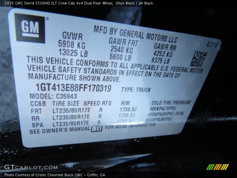 Info Tag of 2015 Sierra 3500HD SLT Crew Cab 4x4 Dual Rear Wheel