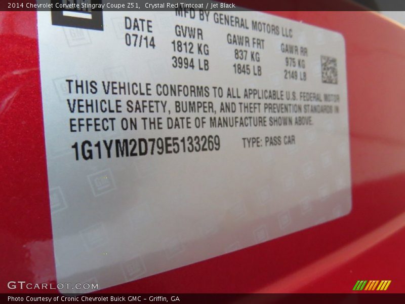 Info Tag of 2014 Corvette Stingray Coupe Z51