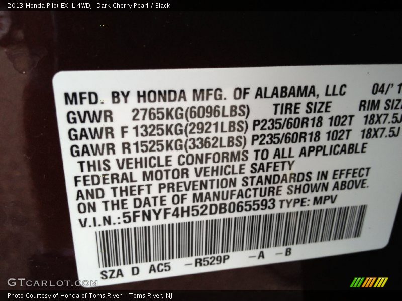 Dark Cherry Pearl / Black 2013 Honda Pilot EX-L 4WD