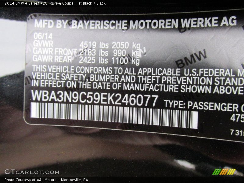 2014 4 Series 428i xDrive Coupe Jet Black Color Code 475