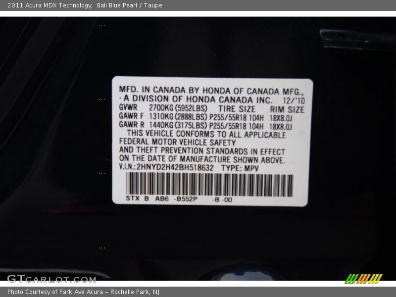 Bali Blue Pearl / Taupe 2011 Acura MDX Technology