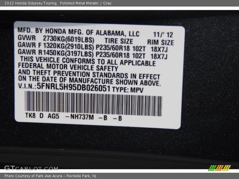 Polished Metal Metallic / Gray 2013 Honda Odyssey Touring