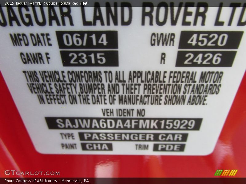 2015 F-TYPE R Coupe Salsa Red Color Code CHA
