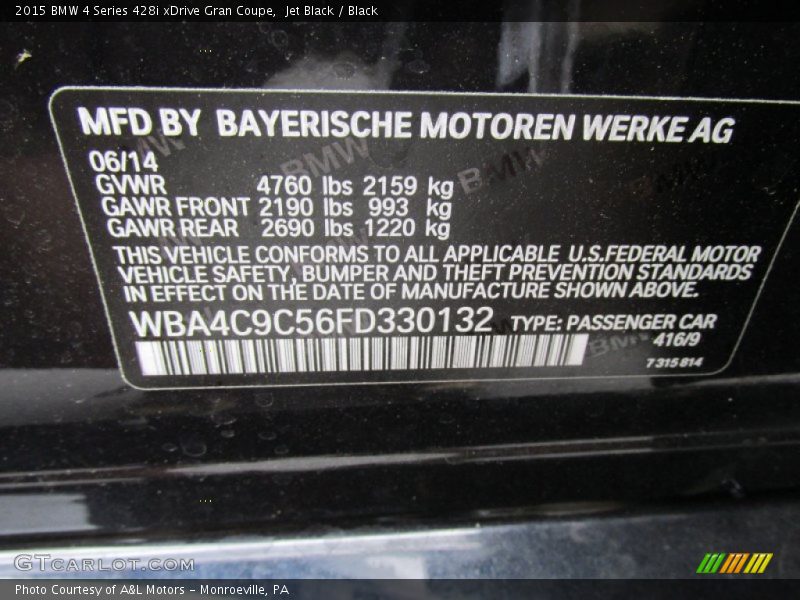 Jet Black / Black 2015 BMW 4 Series 428i xDrive Gran Coupe